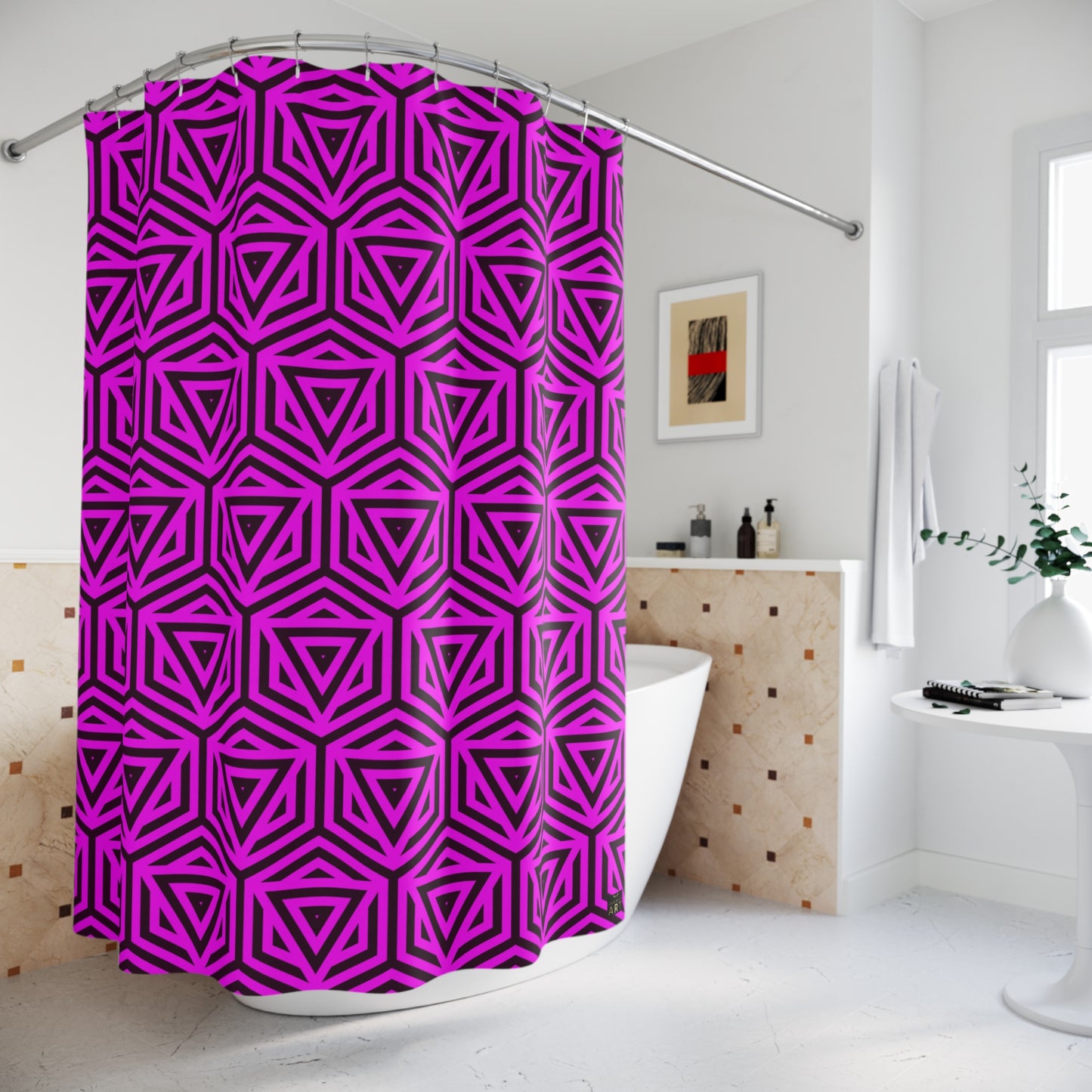 Geometric Neon Pink Pattern Shower Curtain | Retro Optical Tile