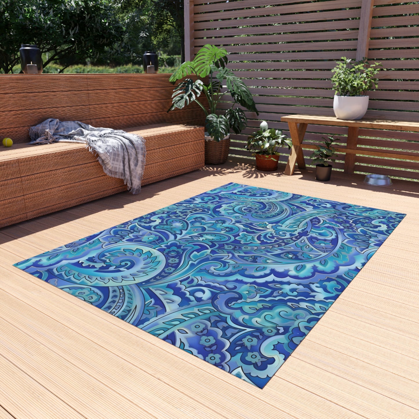 Blue Paisley Pattern Outdoor/Indoor Rug | Waterproof Patio Mat