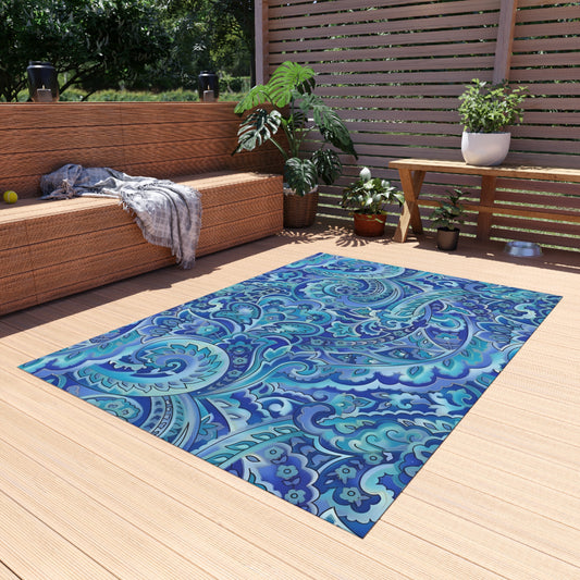 Blue Paisley Pattern Outdoor/Indoor Rug | Waterproof Patio Mat