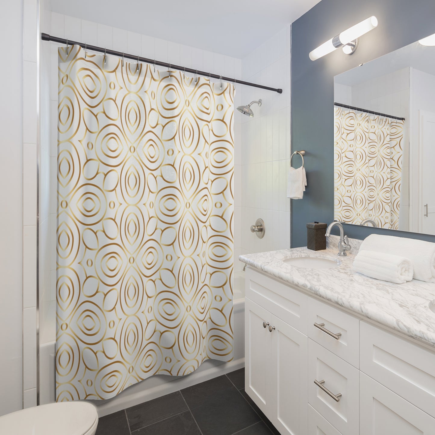 Gold White Geometric Floral Shower Curtain | Modern Boho Bathroom Decor