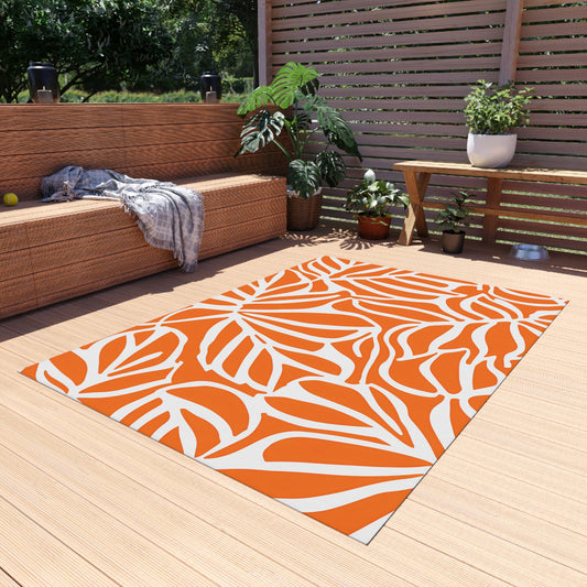Tropical Leaf Pattern Outdoor/Indoor Rug | Orange White