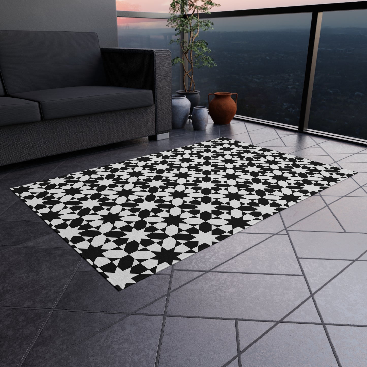 Black White Geometric Tile Pattern Indoor/Outdoor Rug | Modern Patio Mat