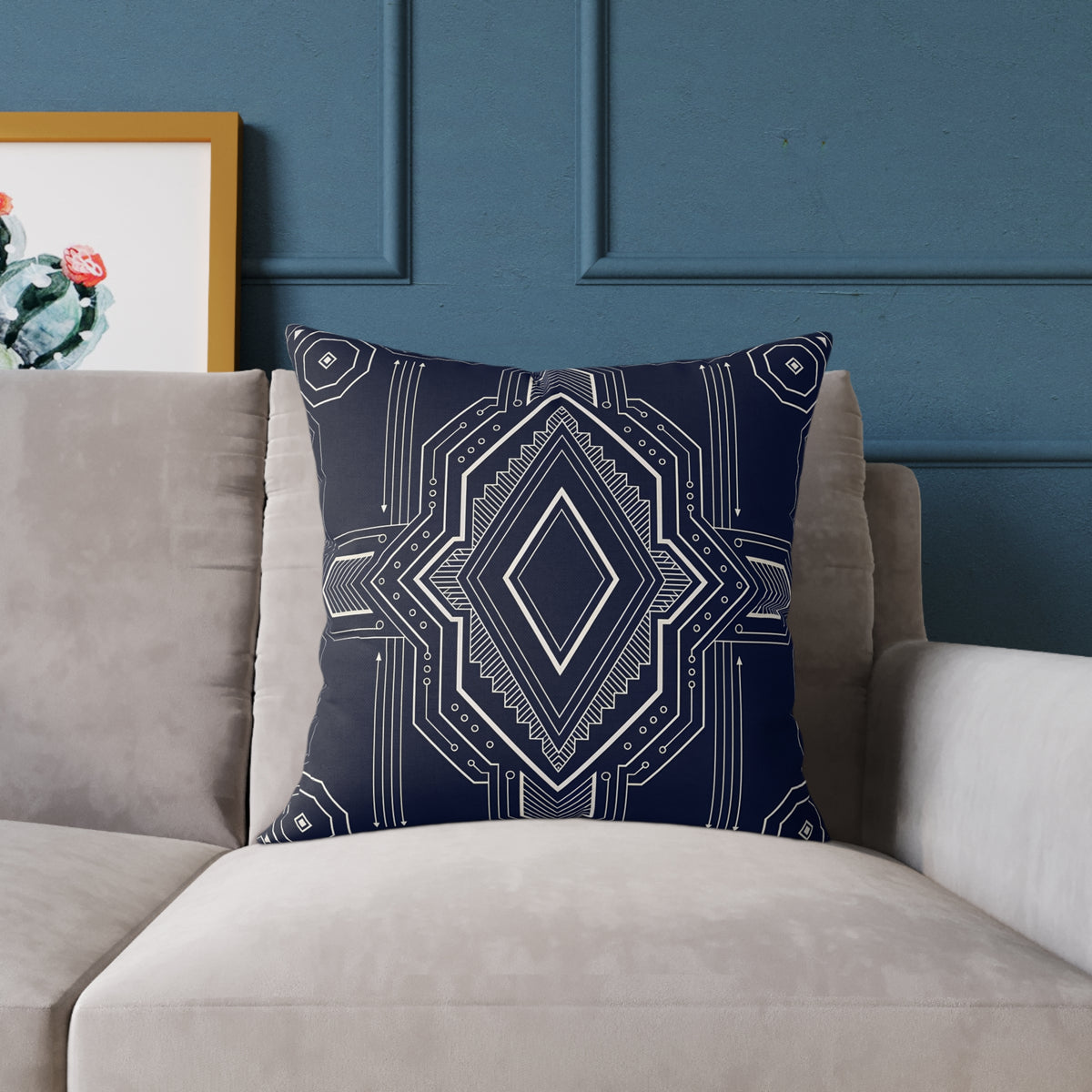 Geometric Diamond Pattern Square Poly Canvas Pillow | Navy Aztec Throw Pillow