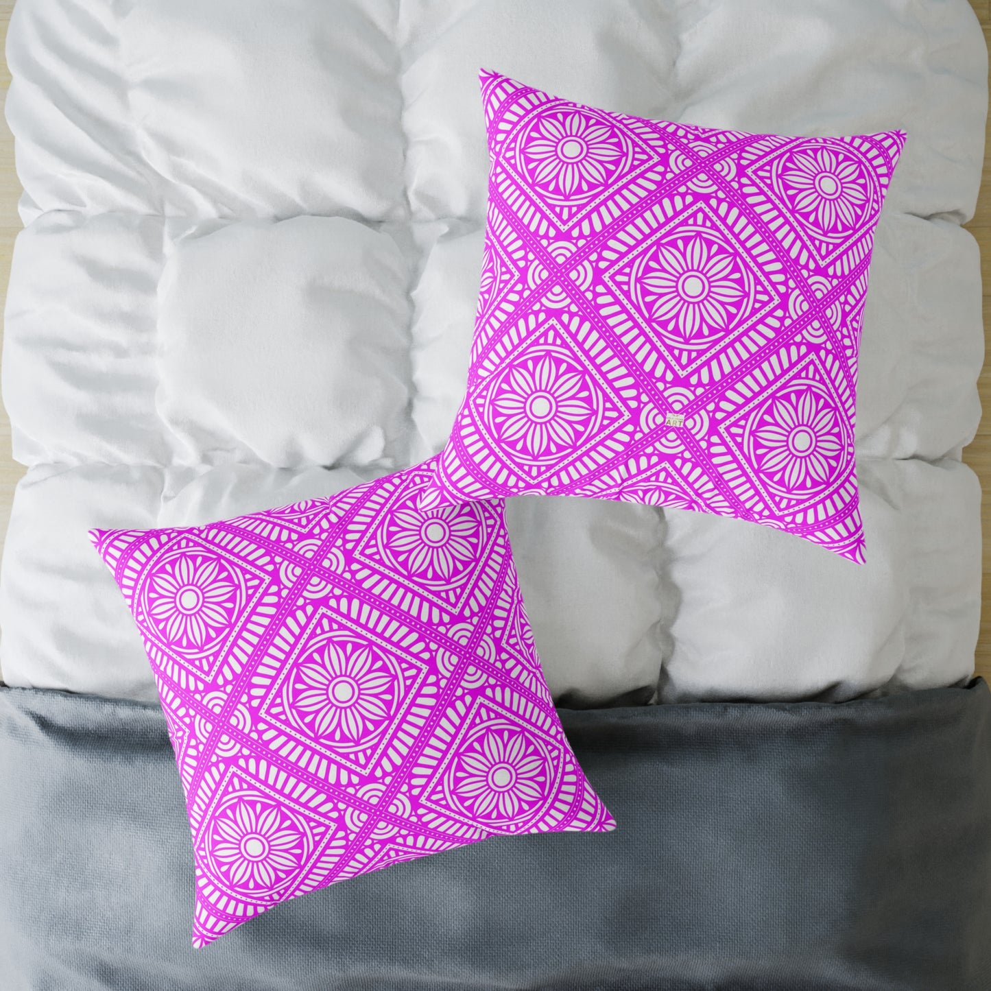 Pink and White Geometric Floral Tile Pillow | Square Poly Canvas Pillow
