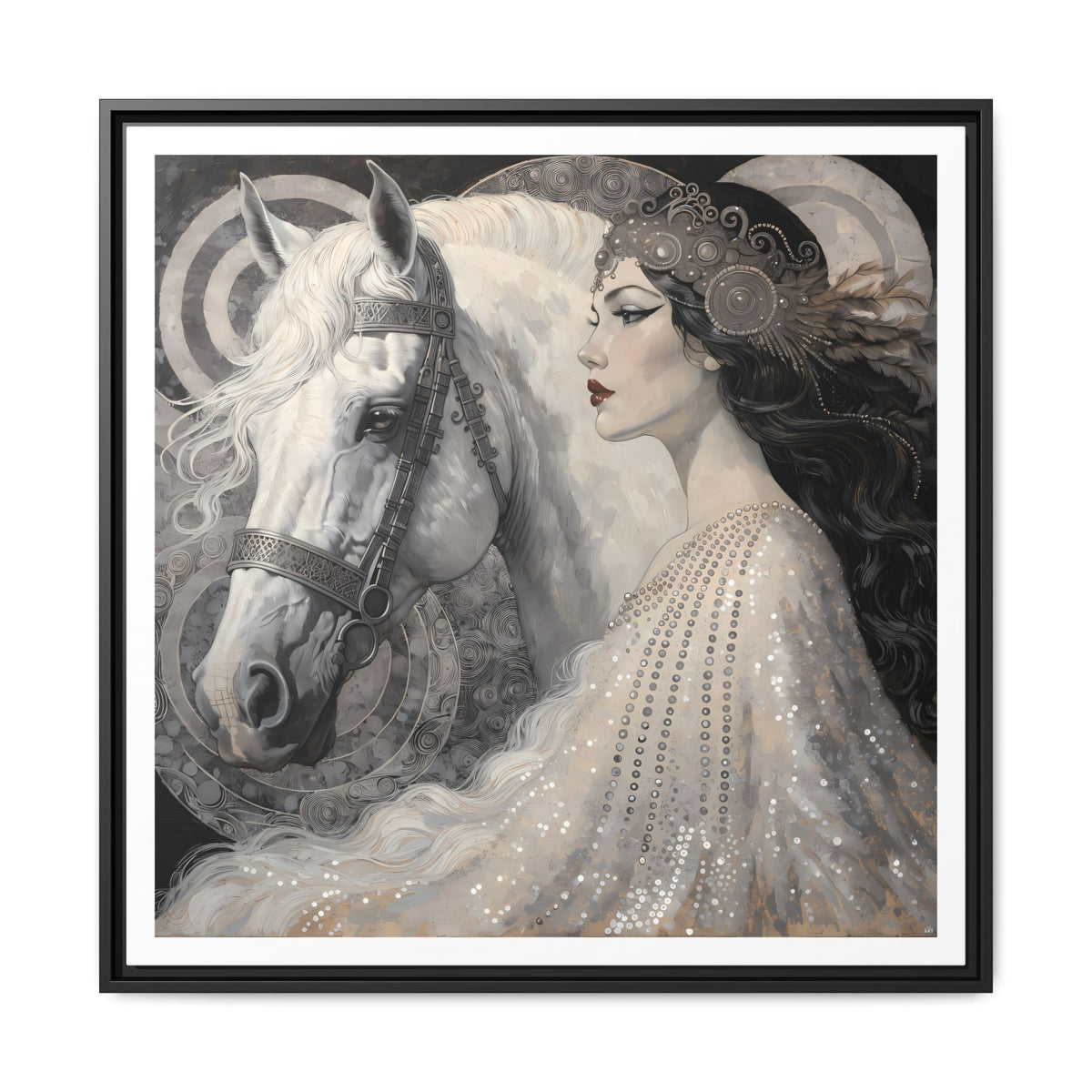 Ethereal Woman with White Horse Matte Canvas Framed Wall Art