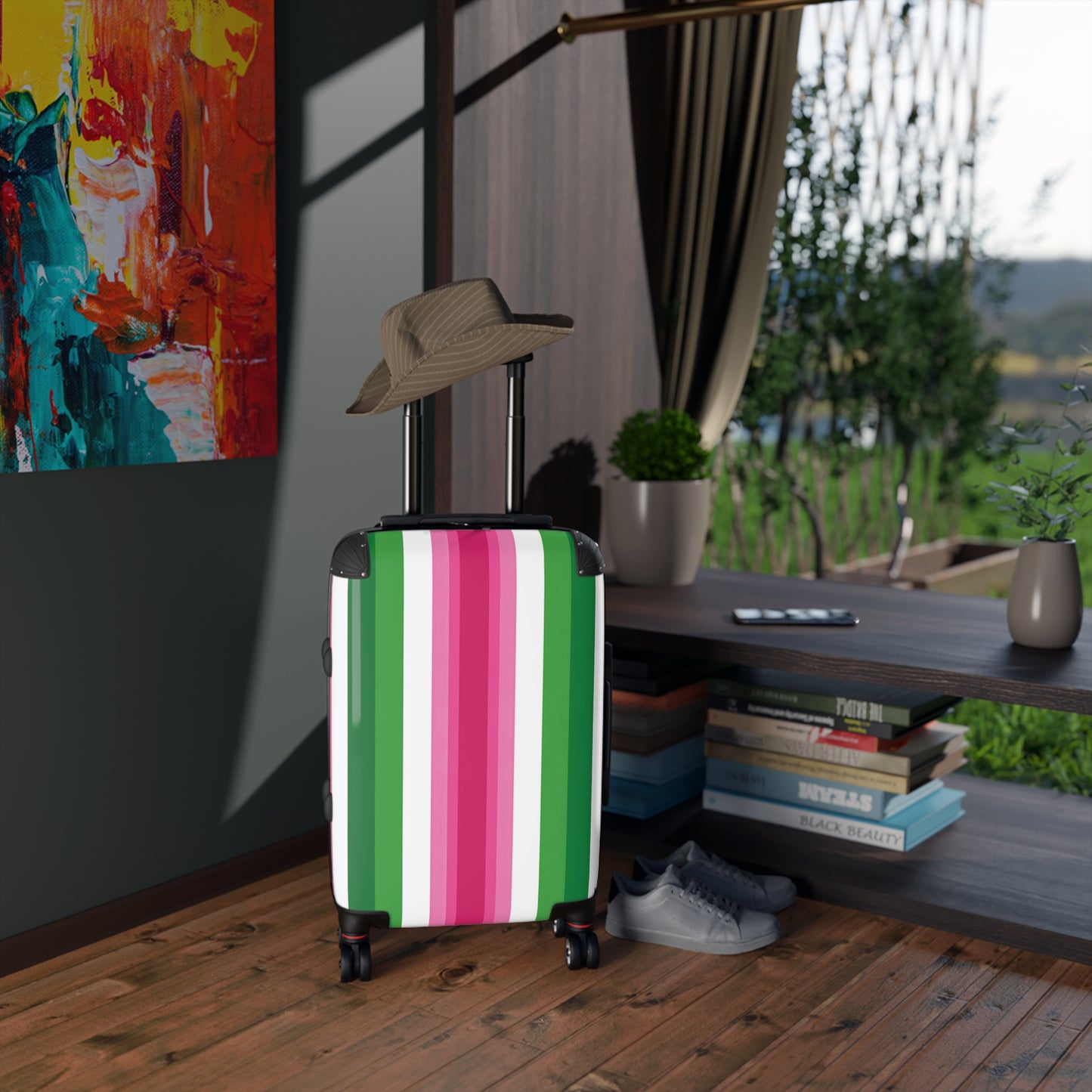 Pink & Green Stripe Suitcase | Vertical Color Block Luggage