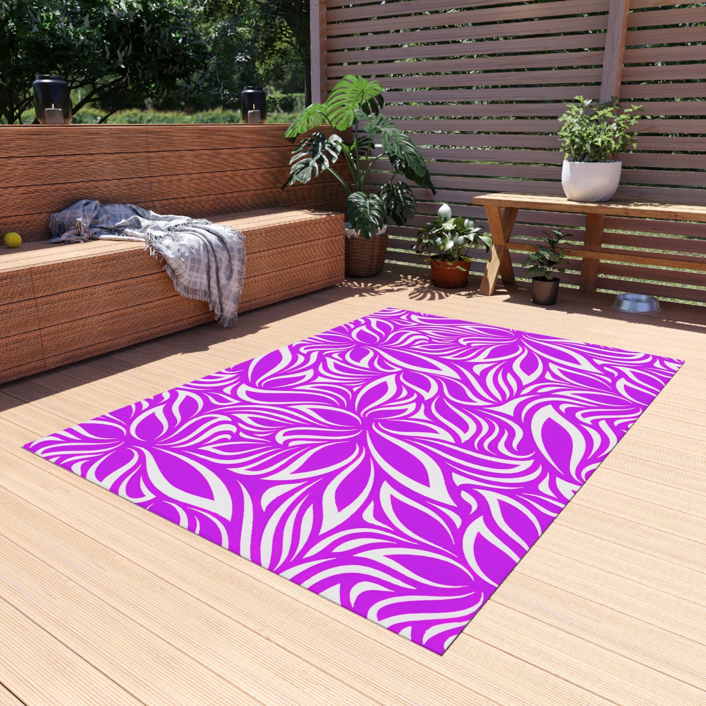 Magenta White Floral Pattern Outdoor/Indoor Rug | Tropical Leaf Medallion Patio Mat