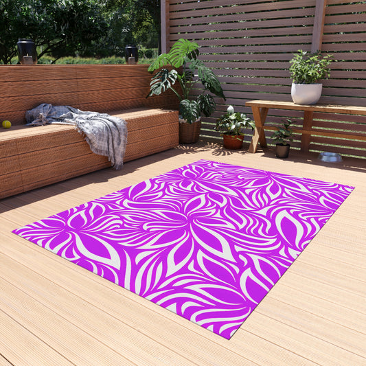 Magenta White Floral Pattern Outdoor/Indoor Rug | Tropical Leaf Medallion Patio Mat