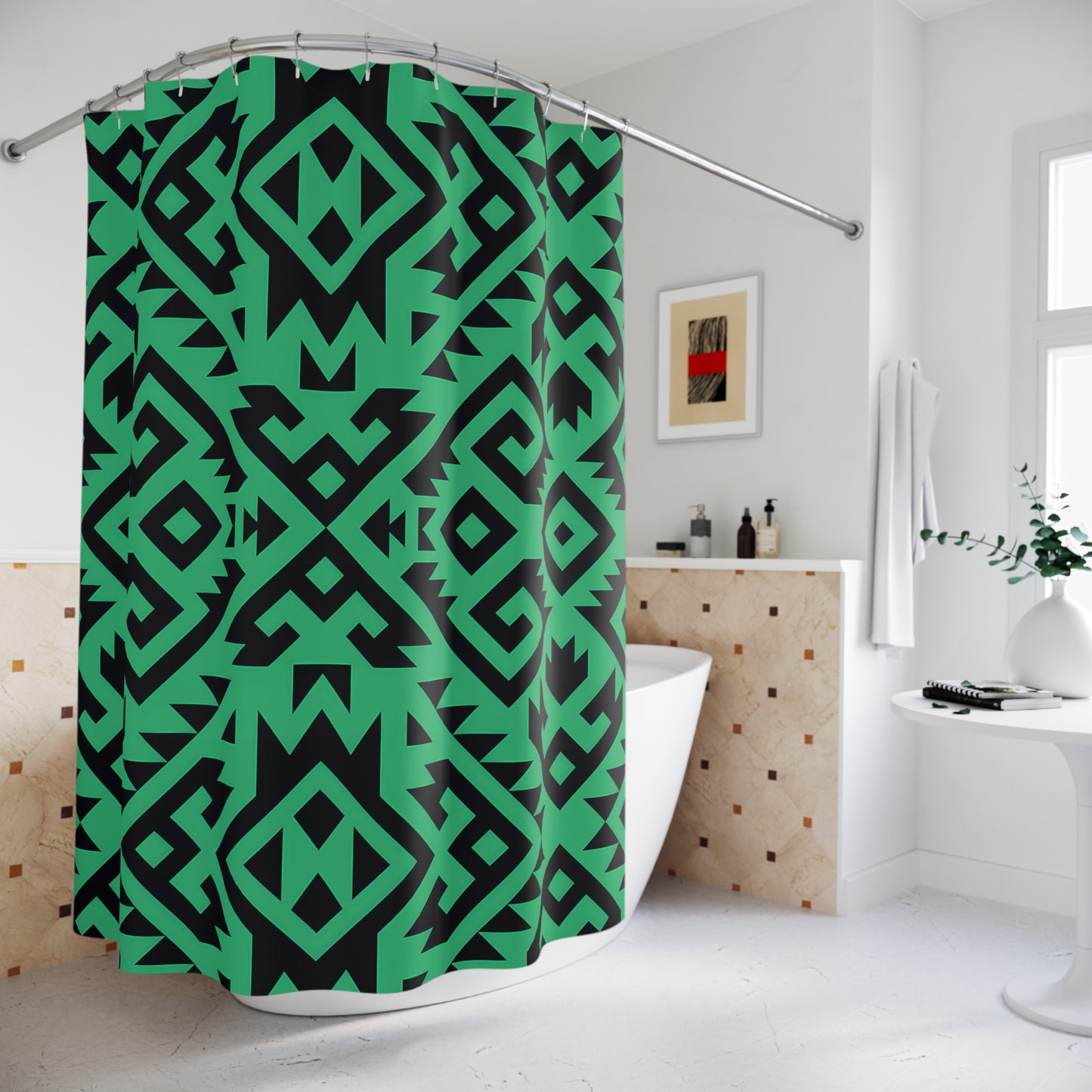 Geometric Aztec Boho Pattern Shower Curtain | Green Black Tribal Design