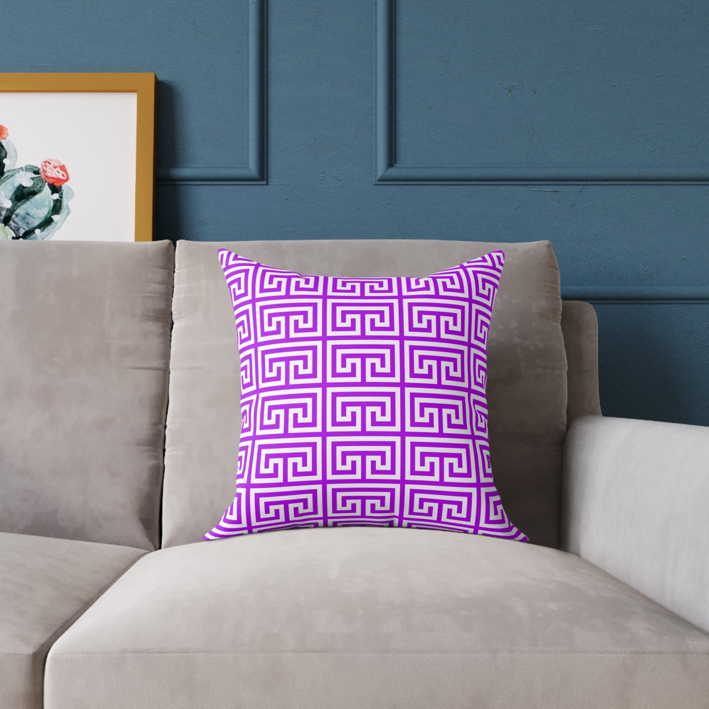 Geometric Purple White Greek Key Pattern Pillow | Square Poly Canvas Pillow