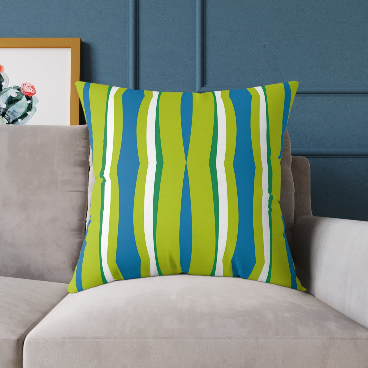 Green Blue Wavy Stripes Square Pillow | Modern Geometric Throw Pillow