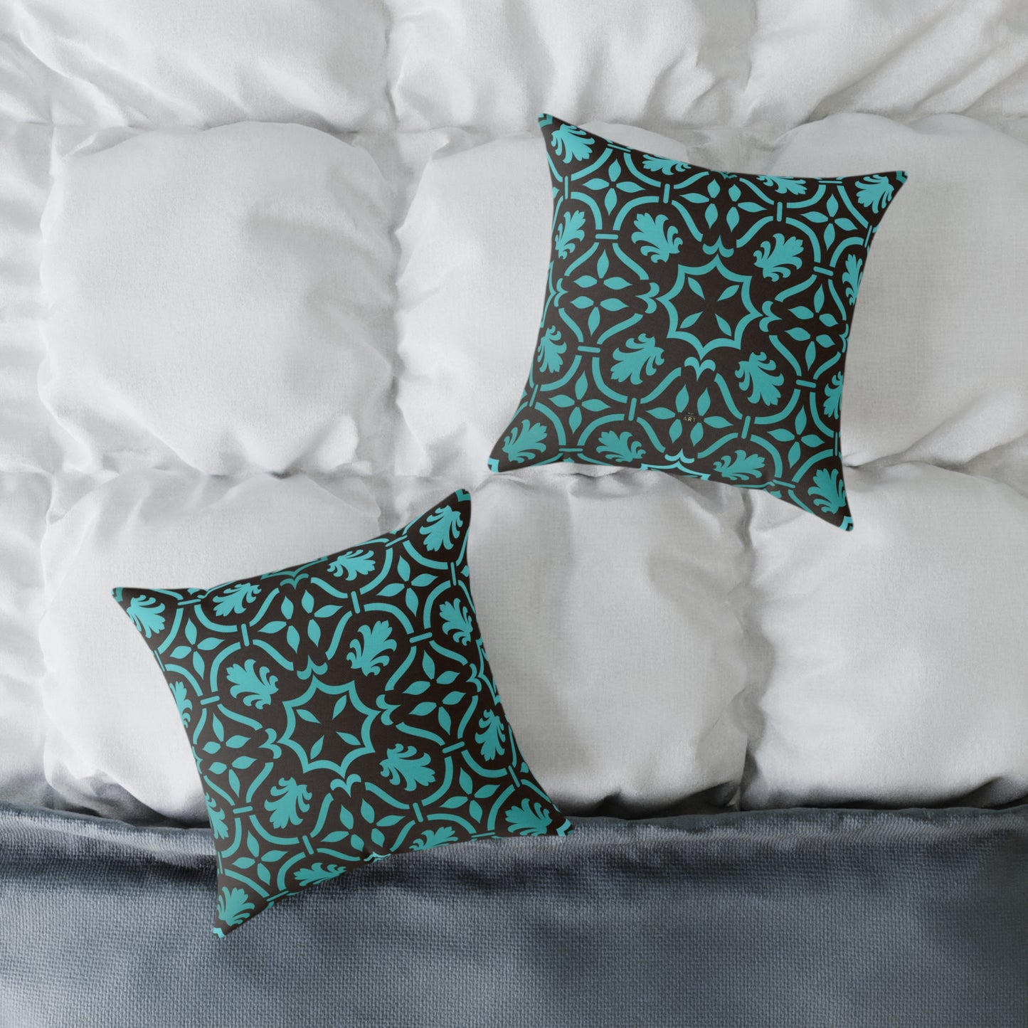 Teal Black Moroccan Tile Square Pillow | Poly Canvas Decorative Pillow