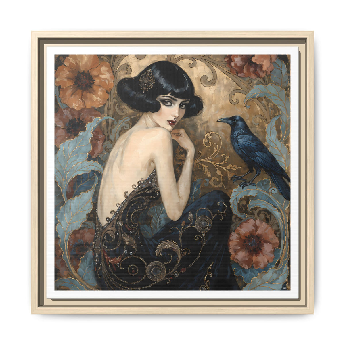Art Deco Lady with Raven Matte Canvas Framed Wall Art | Vintage Floral Portrait