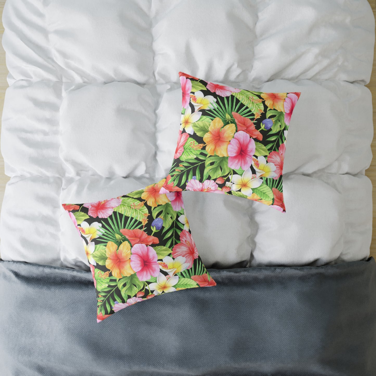 Tropical Pink Yellow Green Hibiscus Floral Square Pillow | Hawaiian Leaves Pattern