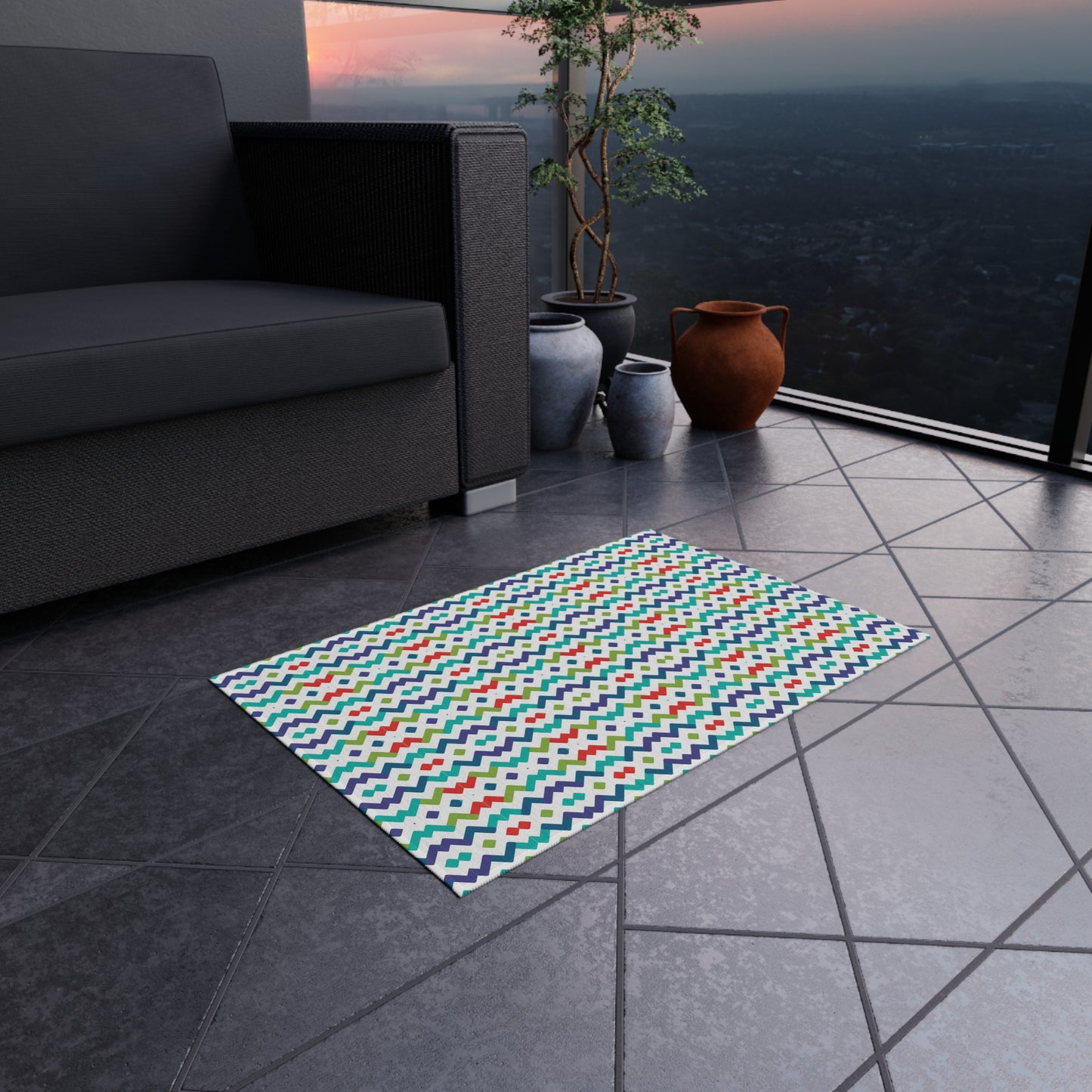 Chevron Zigzag Pattern Outdoor/Indoor Rug | Colorful Geometric Patio Mat