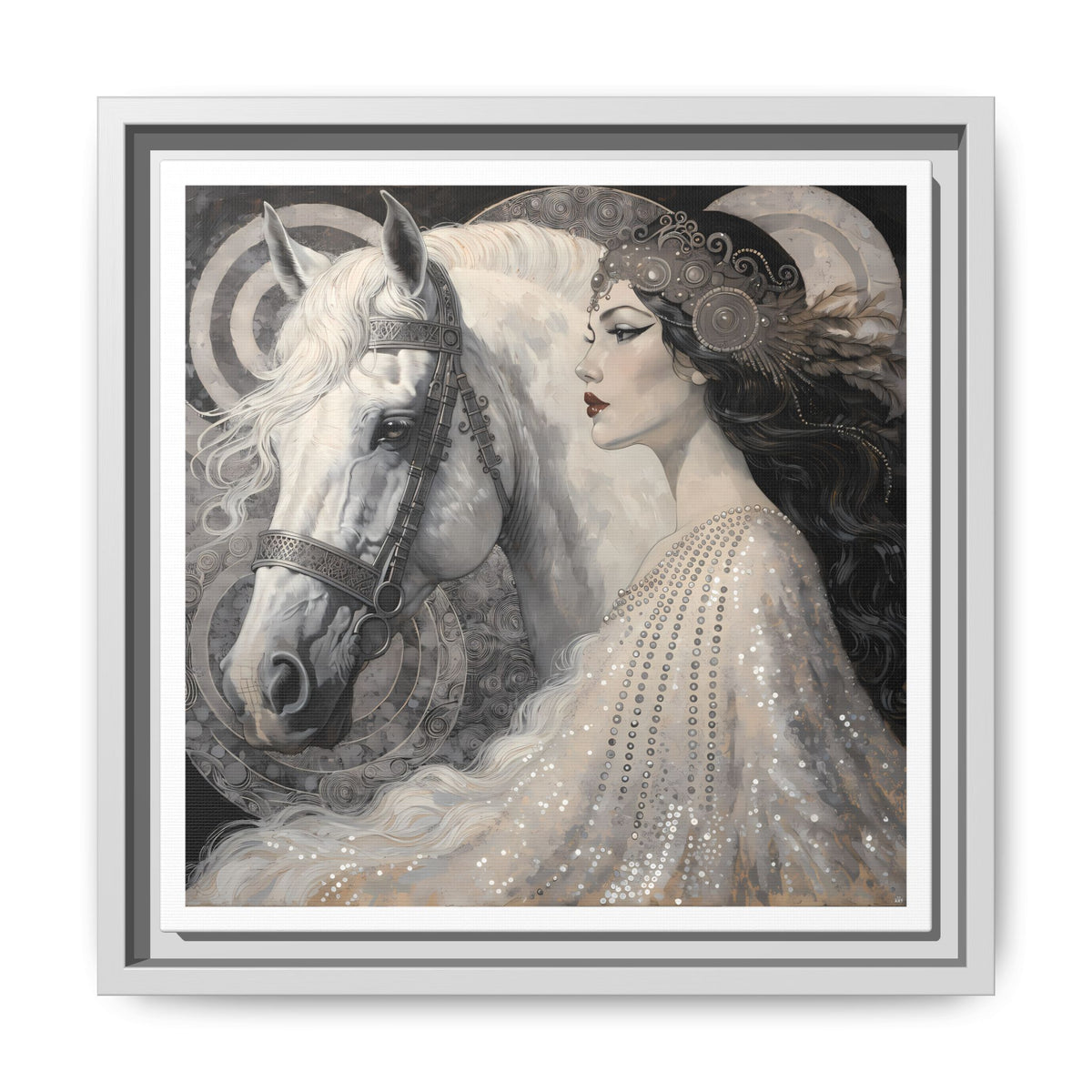 Ethereal Woman with White Horse Matte Canvas Framed Wall Art