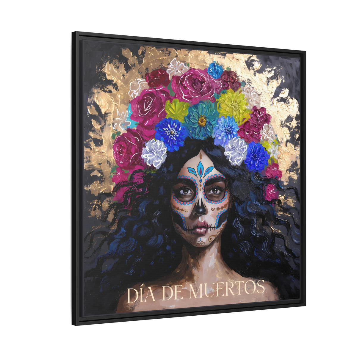 Día de Muertos Sugar Skull Woman Matte Canvas Framed | Floral Headdress Wall Art