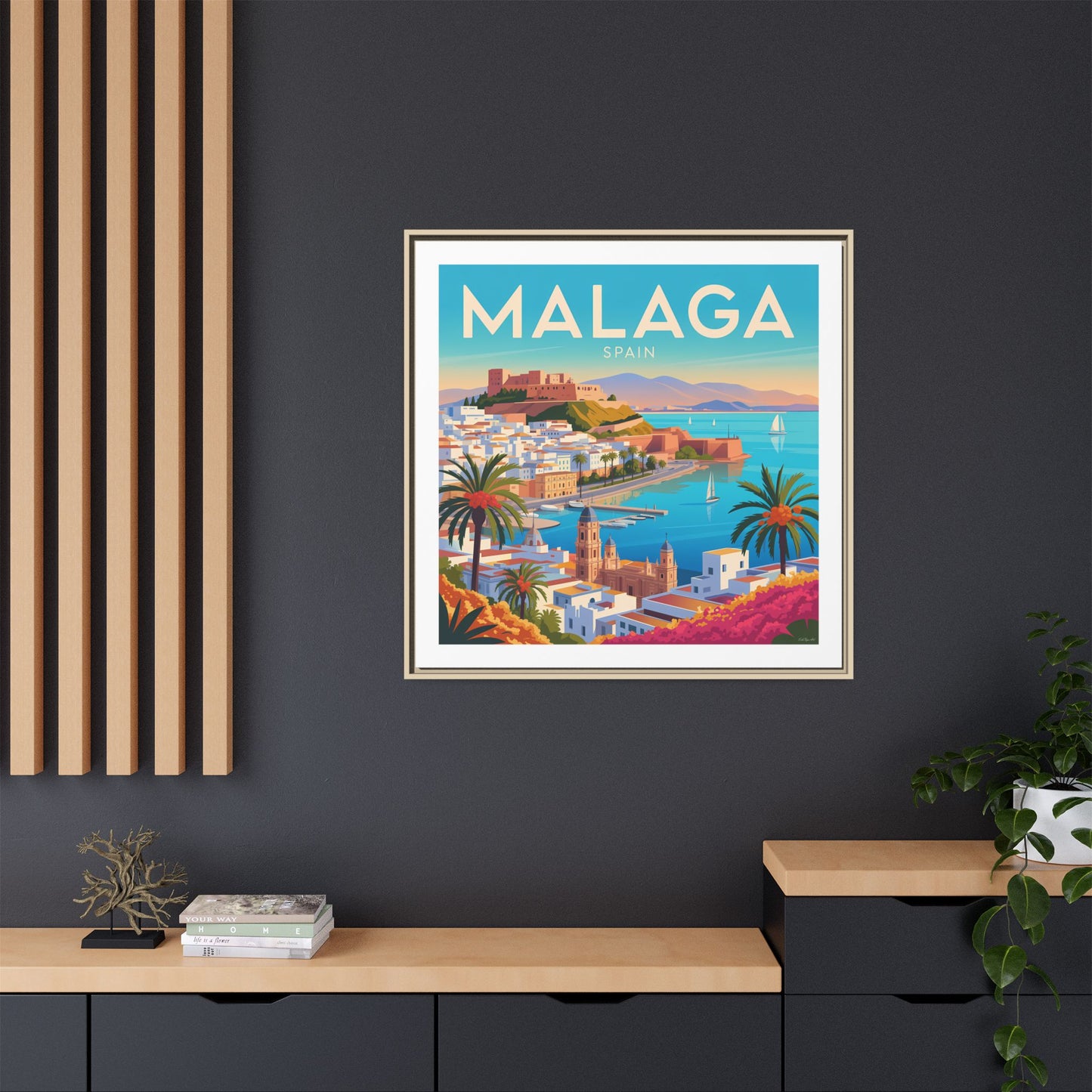 Malaga Spain Coastal  Matte Canvas Framed Wall Art| Vintage Style Travel Art