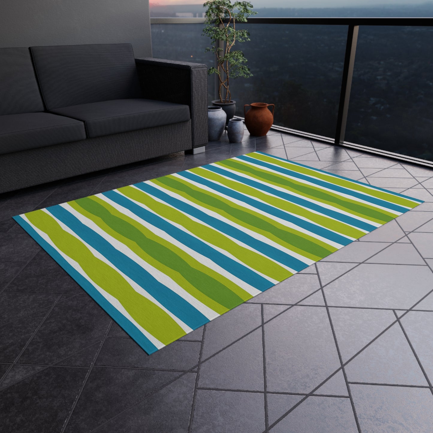 Blue Green Wave Stripe Outdoor/Indoor Rug | Patio Mat, Weatherproof Floor Covering