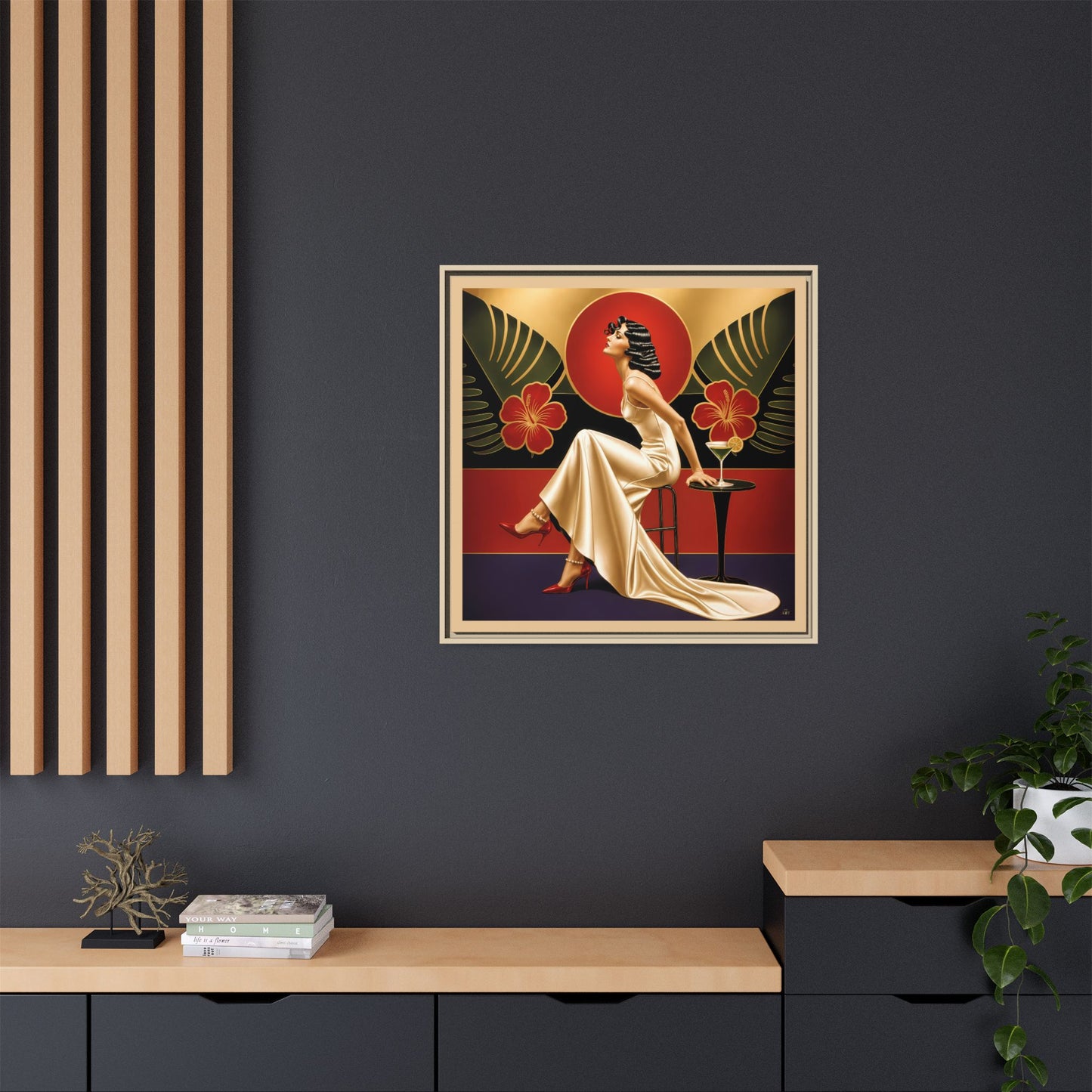 Art Deco Lady Red Green Beige Tropical Canvas Framed Wall Art | Matte Print