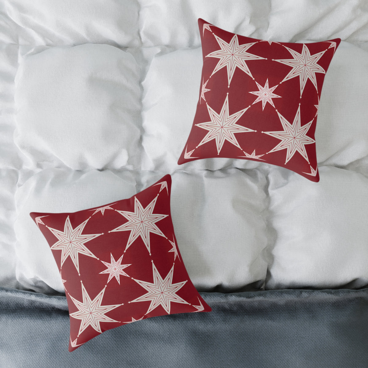 Ivory Starburst Pattern Square Pillow | Red Holiday Throw Cushion