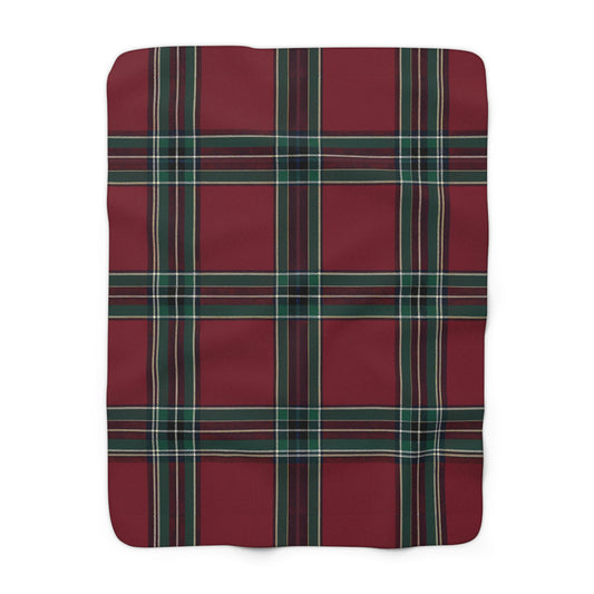 Red Green Black White Beige Tartan Plaid Sherpa Blanket | Cozy Holiday Plaid Throw