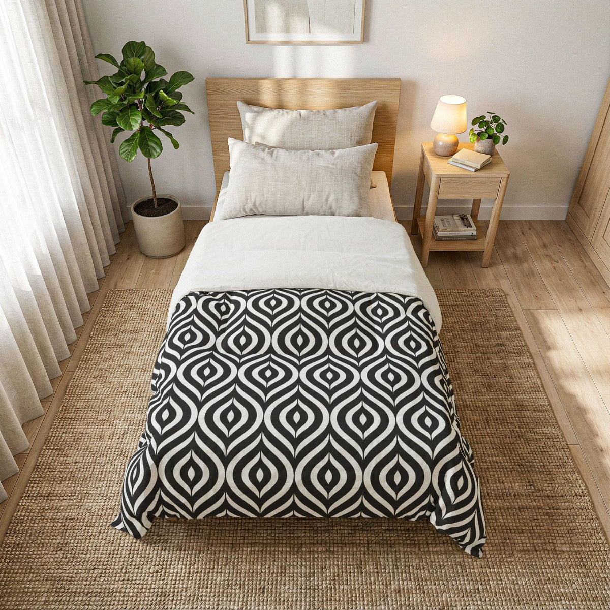 Geometric Black White Pattern Cotton Comforter | Modern Ikat Design