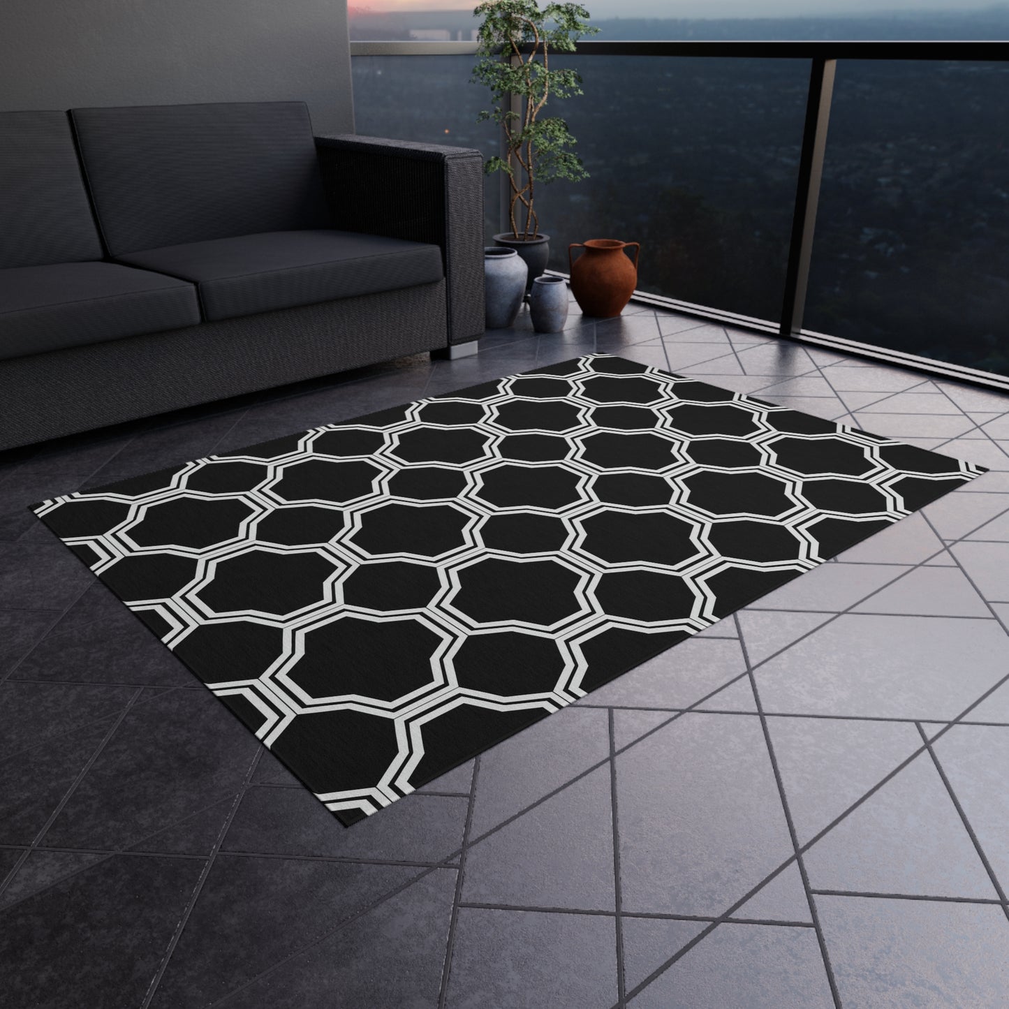 Black Geometric Trellis Outdoor/Indoor Rug | Octagon Pattern Patio Mat