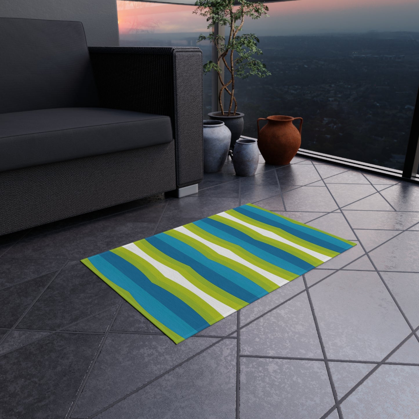 Blue Green White Wave Stripe Outdoor Rug | Patio Mat