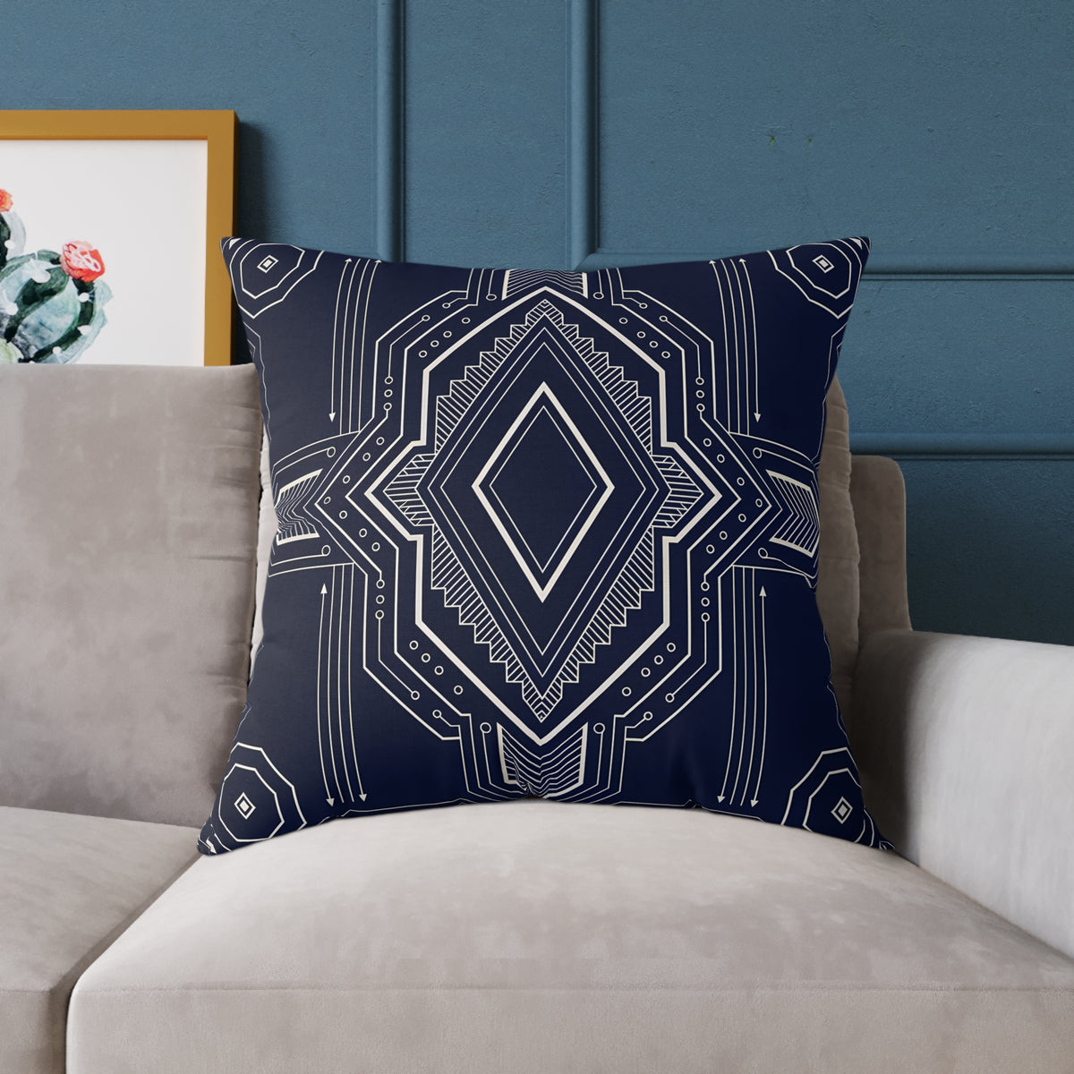 Geometric Diamond Pattern Square Poly Canvas Pillow | Navy Aztec Throw Pillow