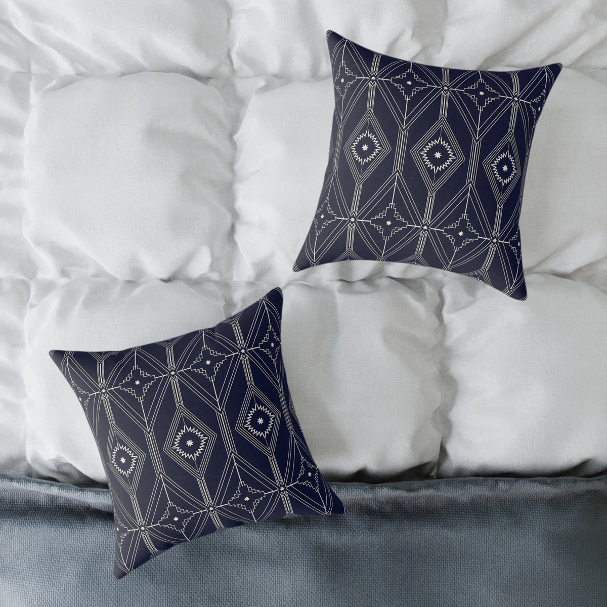 Navy Geometric Diamond Pattern Square Pillow | Boho Tribal Throw Cushion