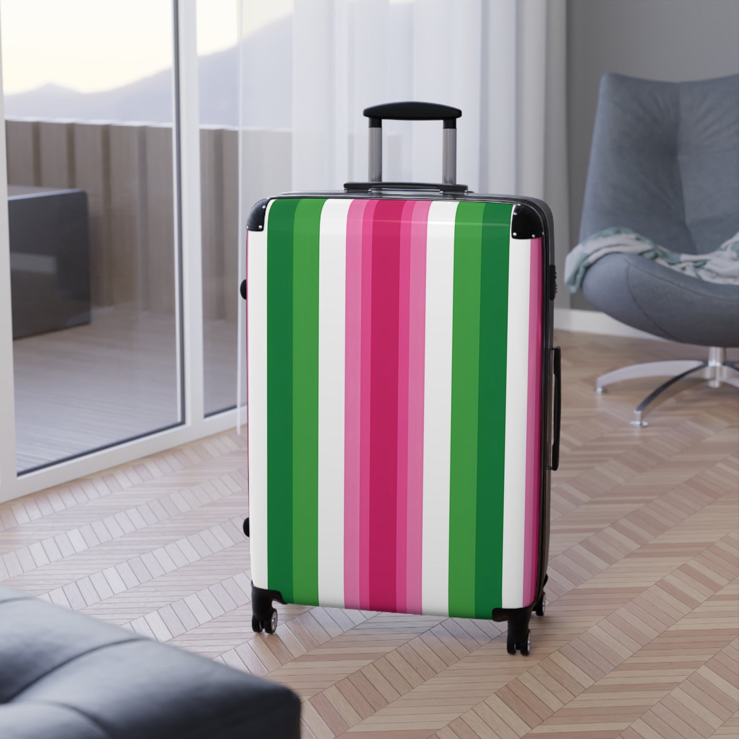 Pink & Green Stripe Suitcase | Vertical Color Block Luggage
