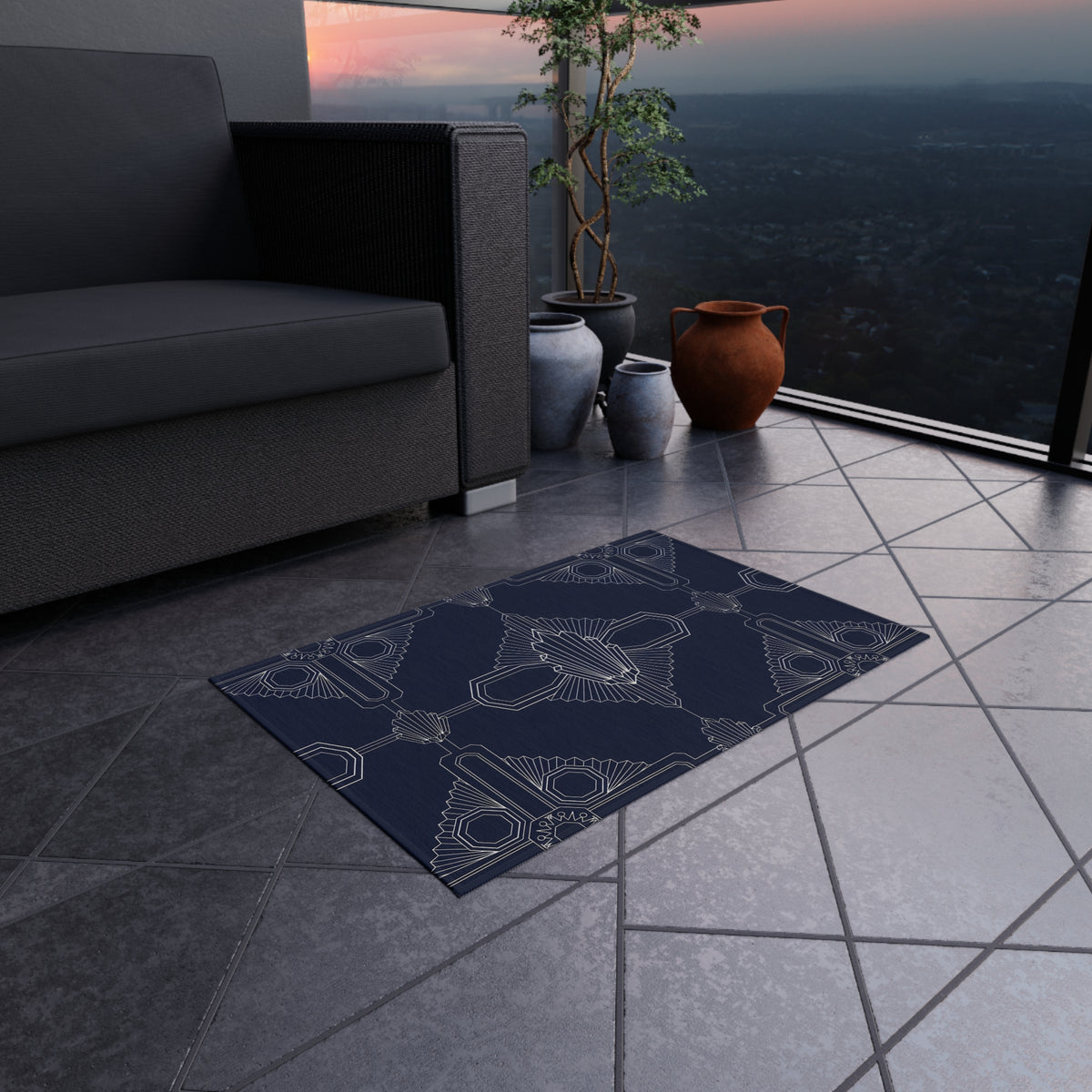 Art Deco Geometric Outdoor Rug | Navy Patterned Patio Mat