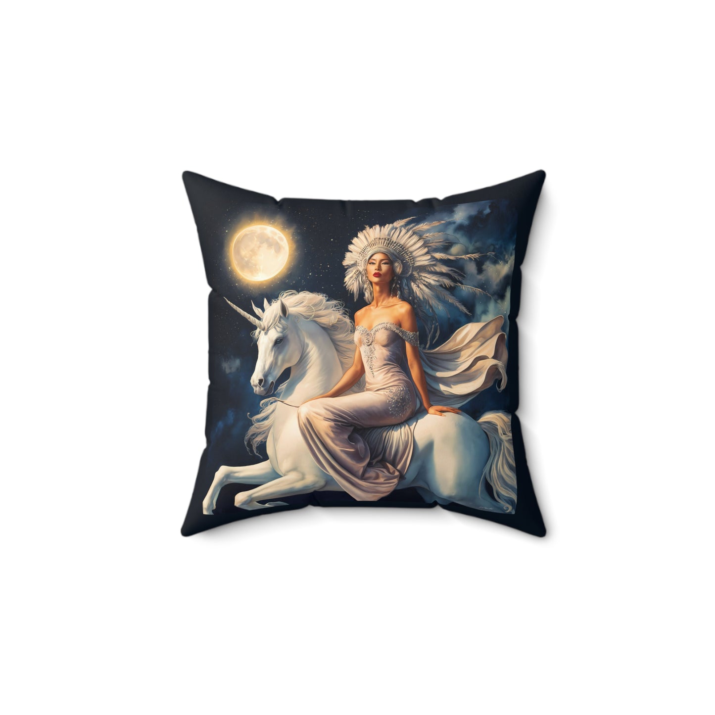 Fantasy Square Pillow, Native American Princess Unicorn Full Moon Night Sky Decor, Magical Throw Cushion, Home Accent Gift, Bedroom