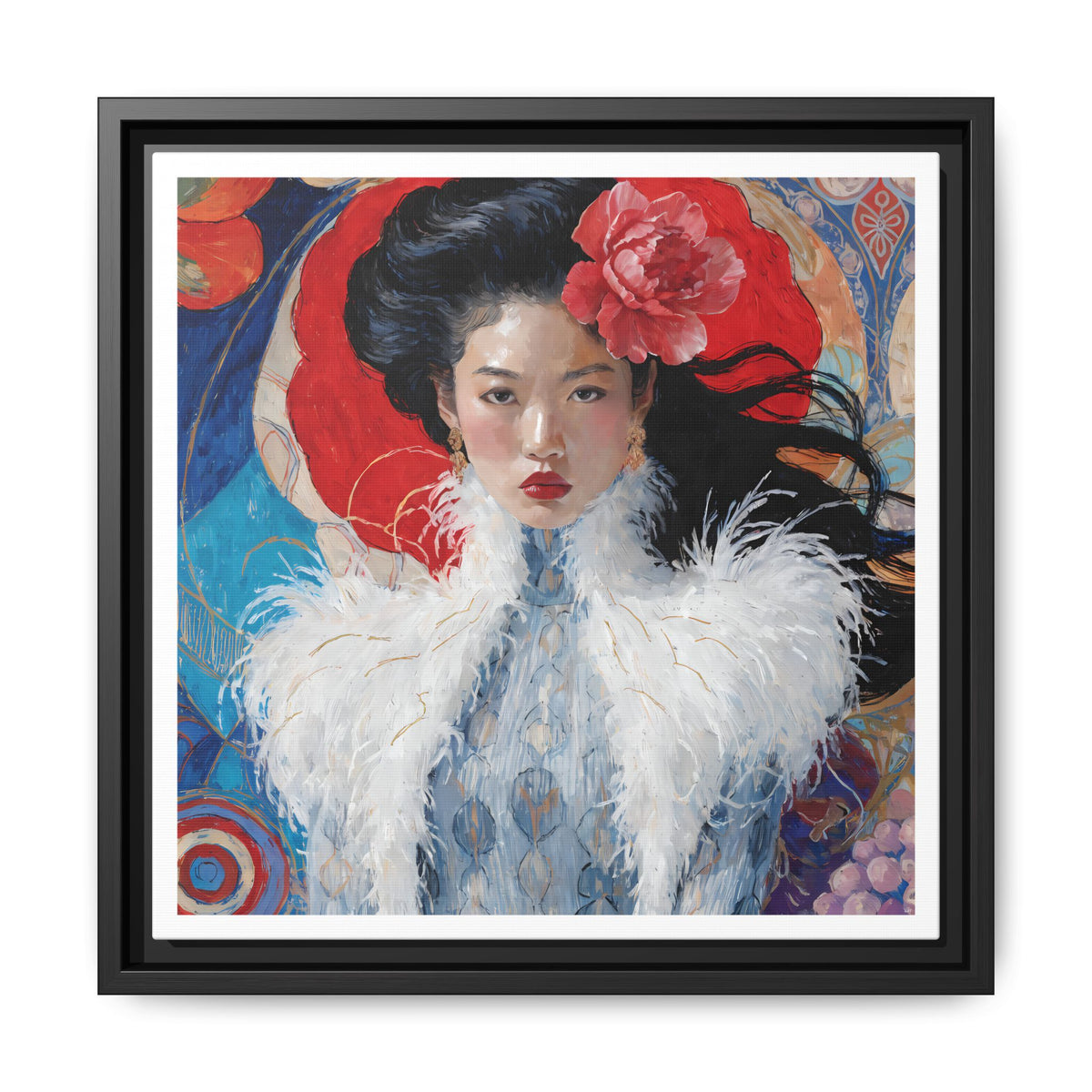 Asian Femme Portrait Matte Canvas Framed | Woman with Feather Collar Wall Art