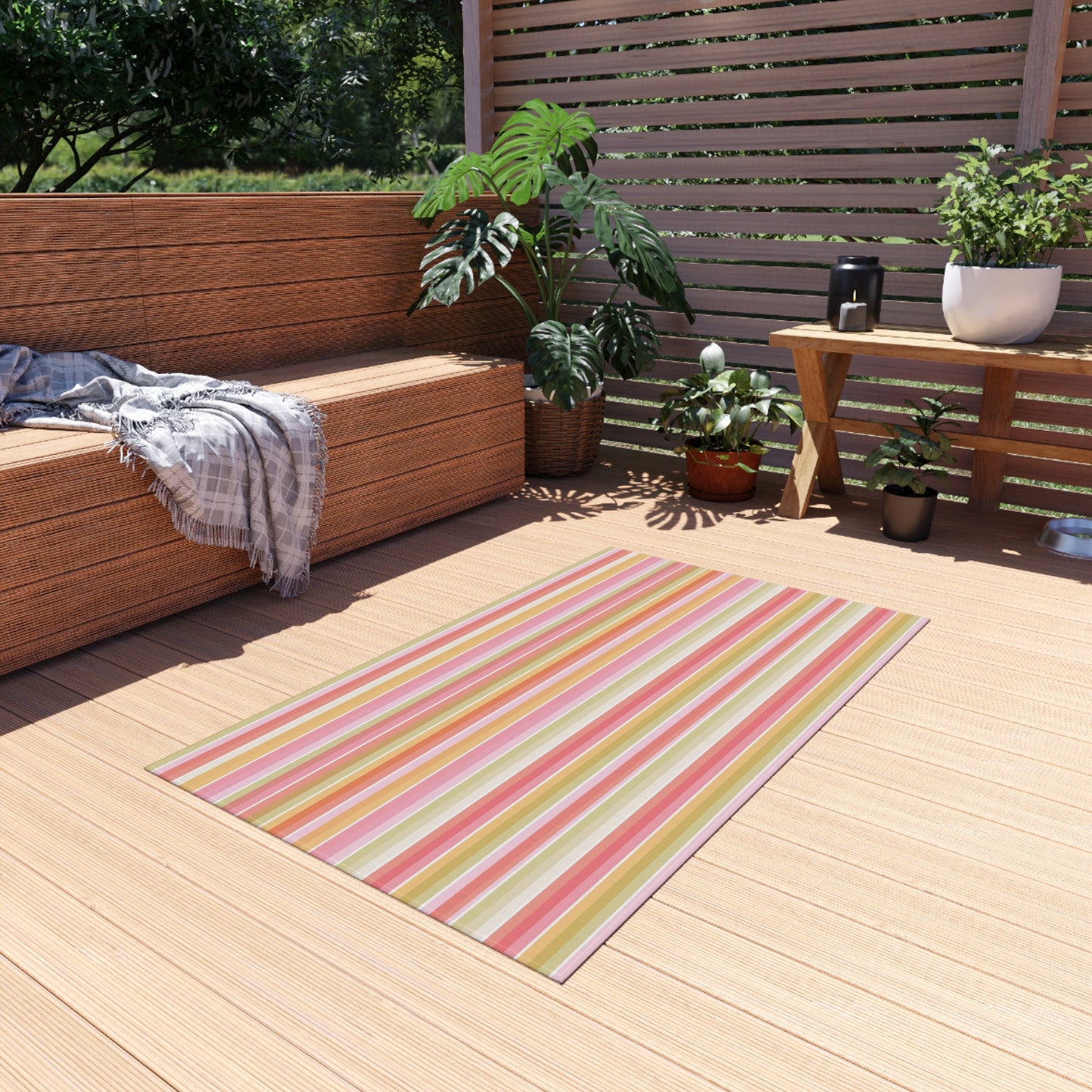 Striped Pastel Outdoor Rug | Pink Yellow Green Patio Mat