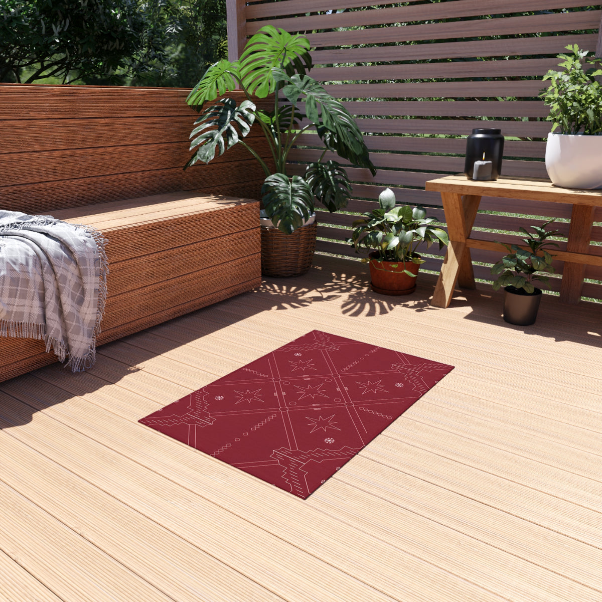 Geometric Star Pattern Outdoor Rug | Red Southwestern Patio Mat