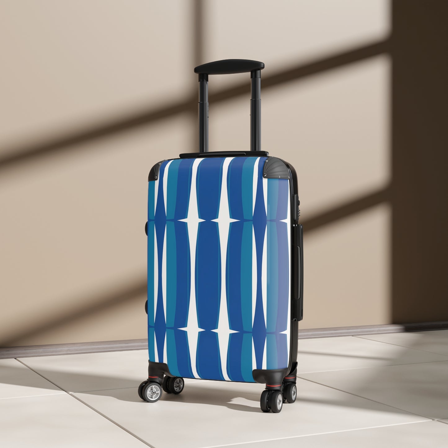 Blue Mid-Century Geometric Suitcase | Retro Stripe Luggage
