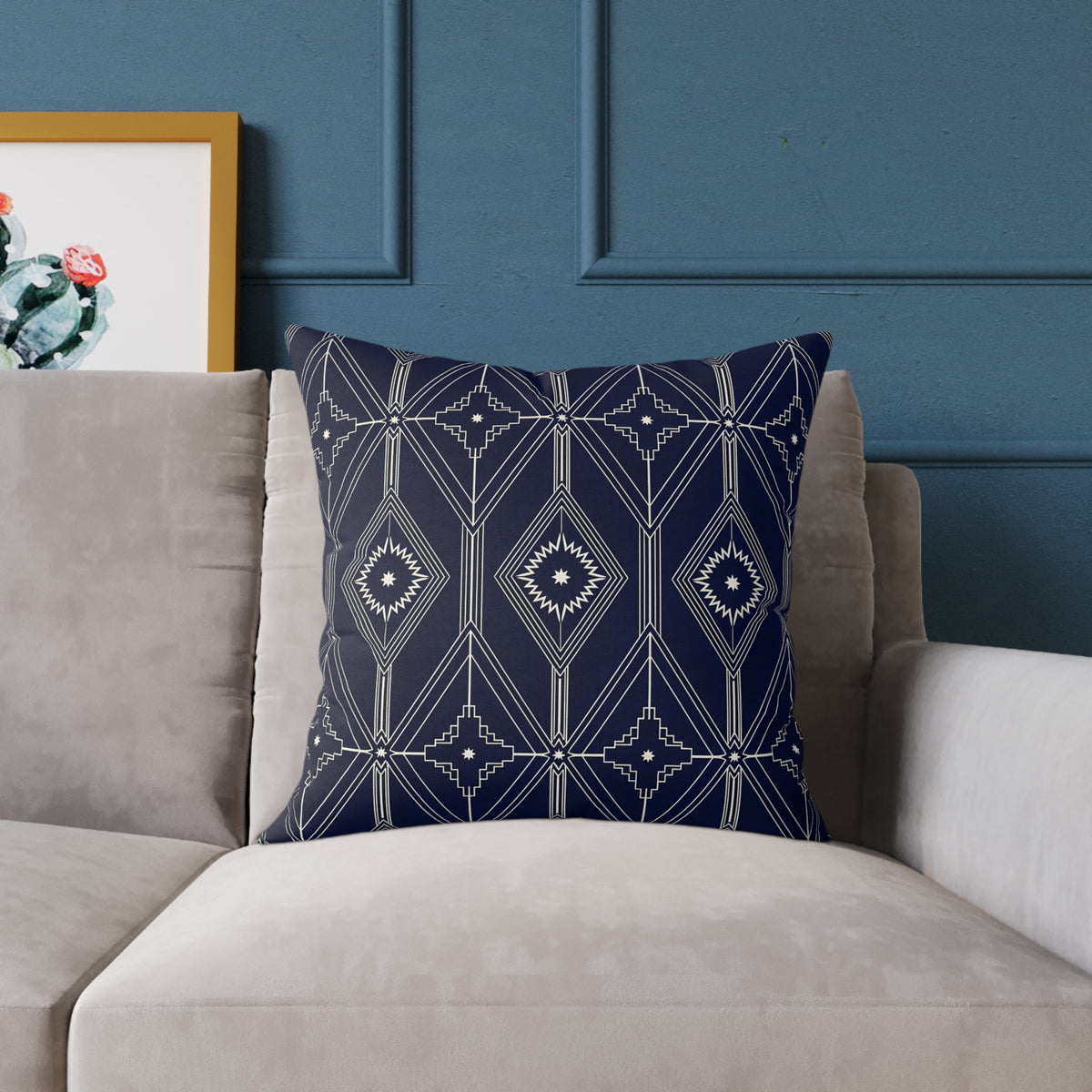 Navy Geometric Diamond Pattern Square Pillow | Boho Tribal Throw Cushion