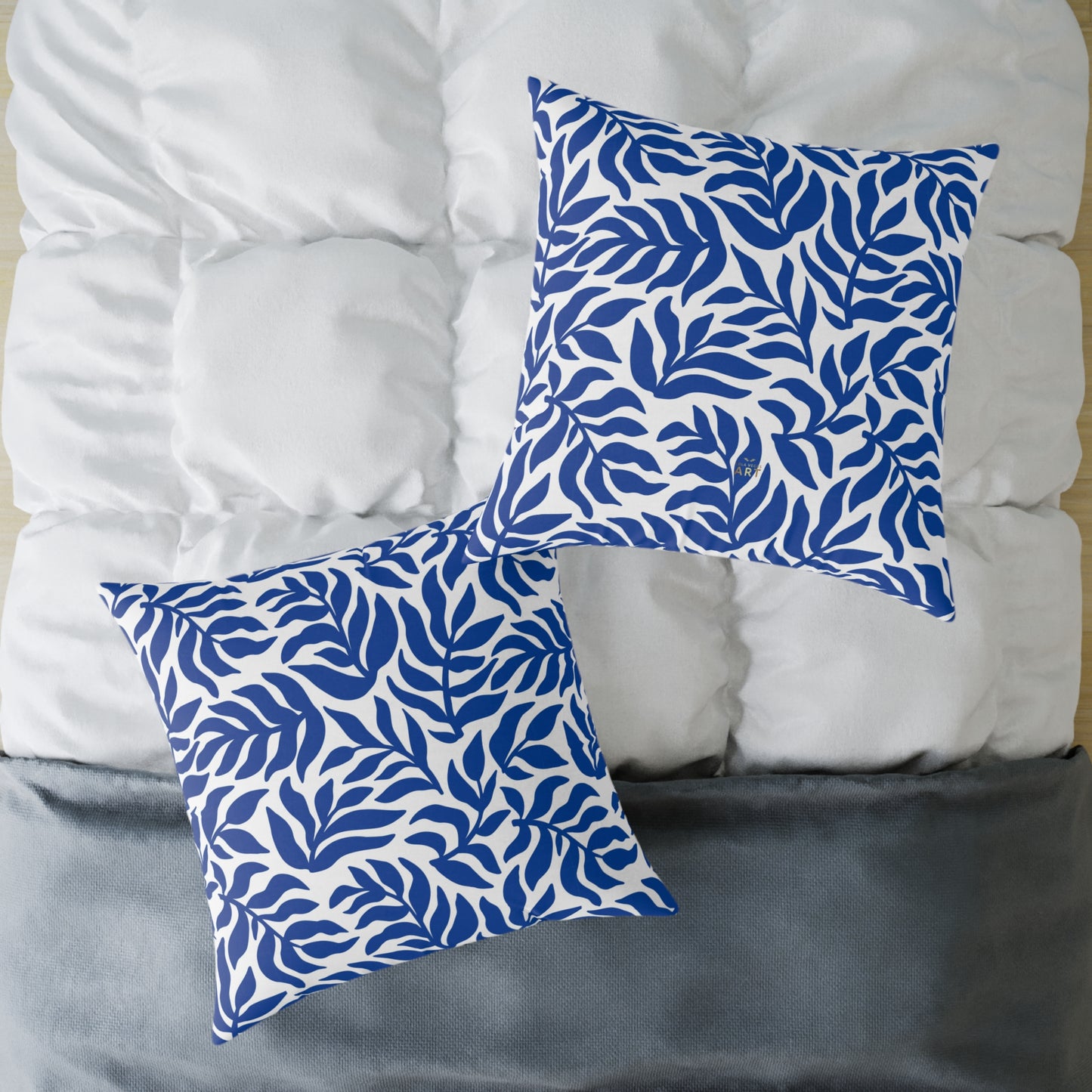 Blue White Leaf Pattern Square Pillow | Botanical Throw Pillow