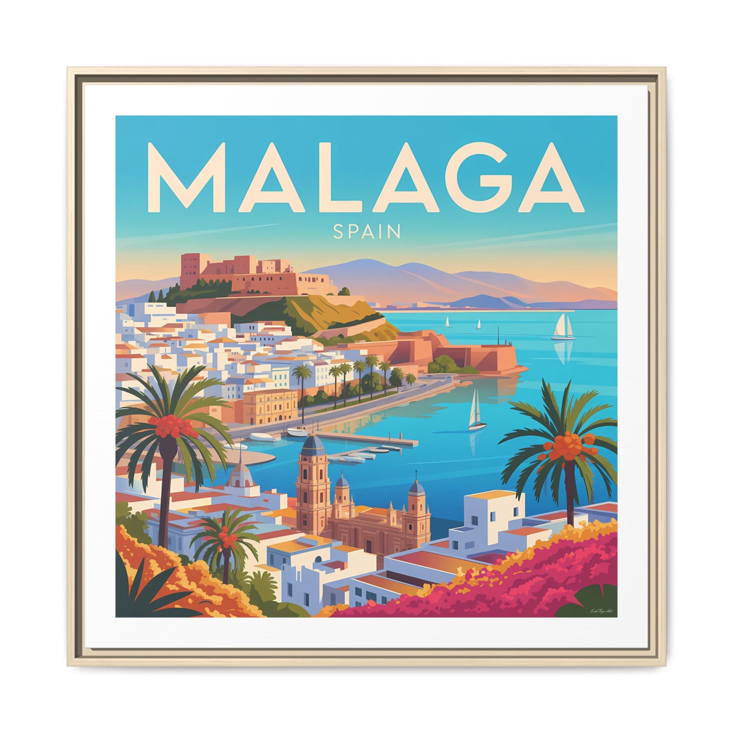 Malaga Spain Coastal  Matte Canvas Framed Wall Art| Vintage Style Travel Art