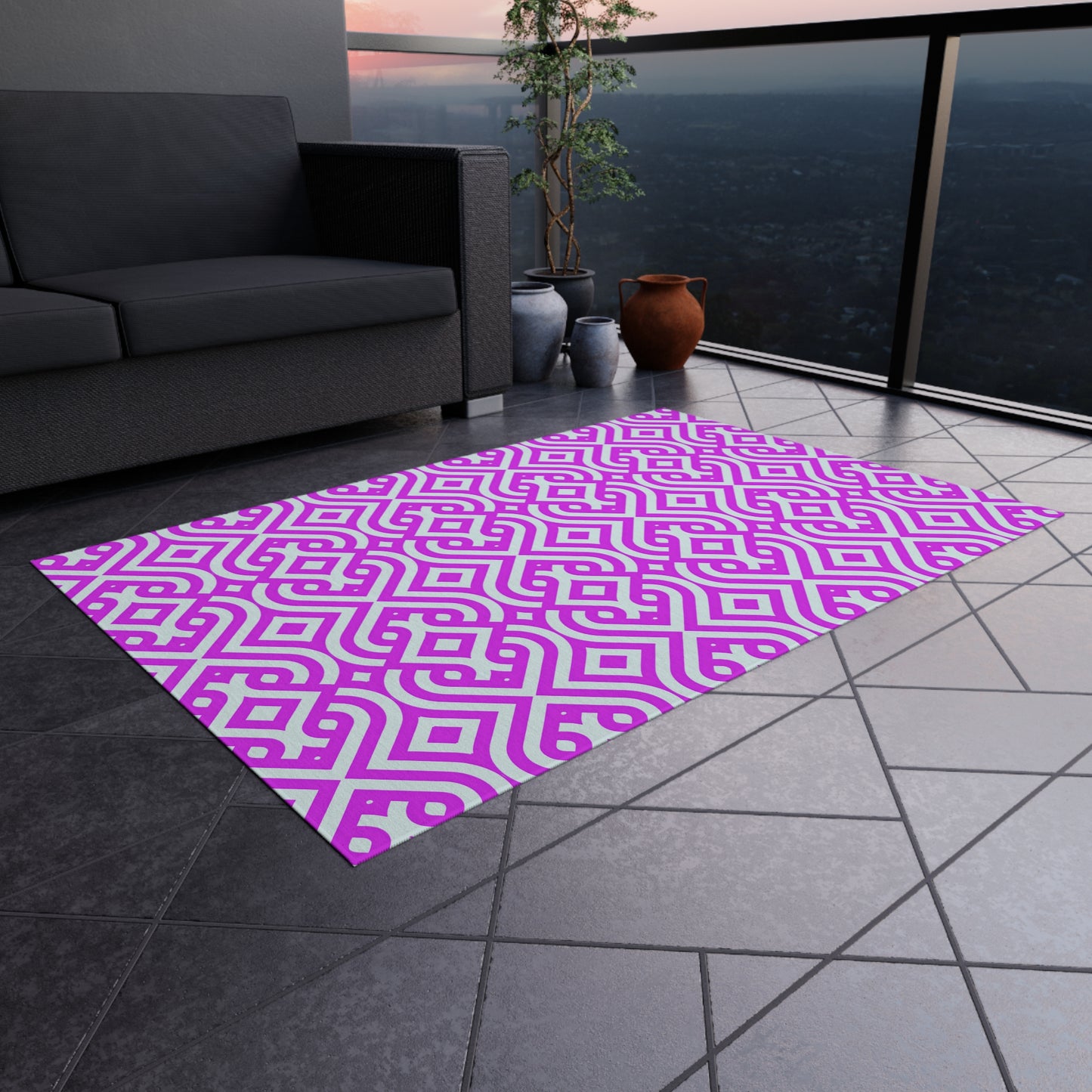 Geometric Moroccan Tile Outdoor/Indoor Rug | Magenta Pink White Patterned Patio Mat