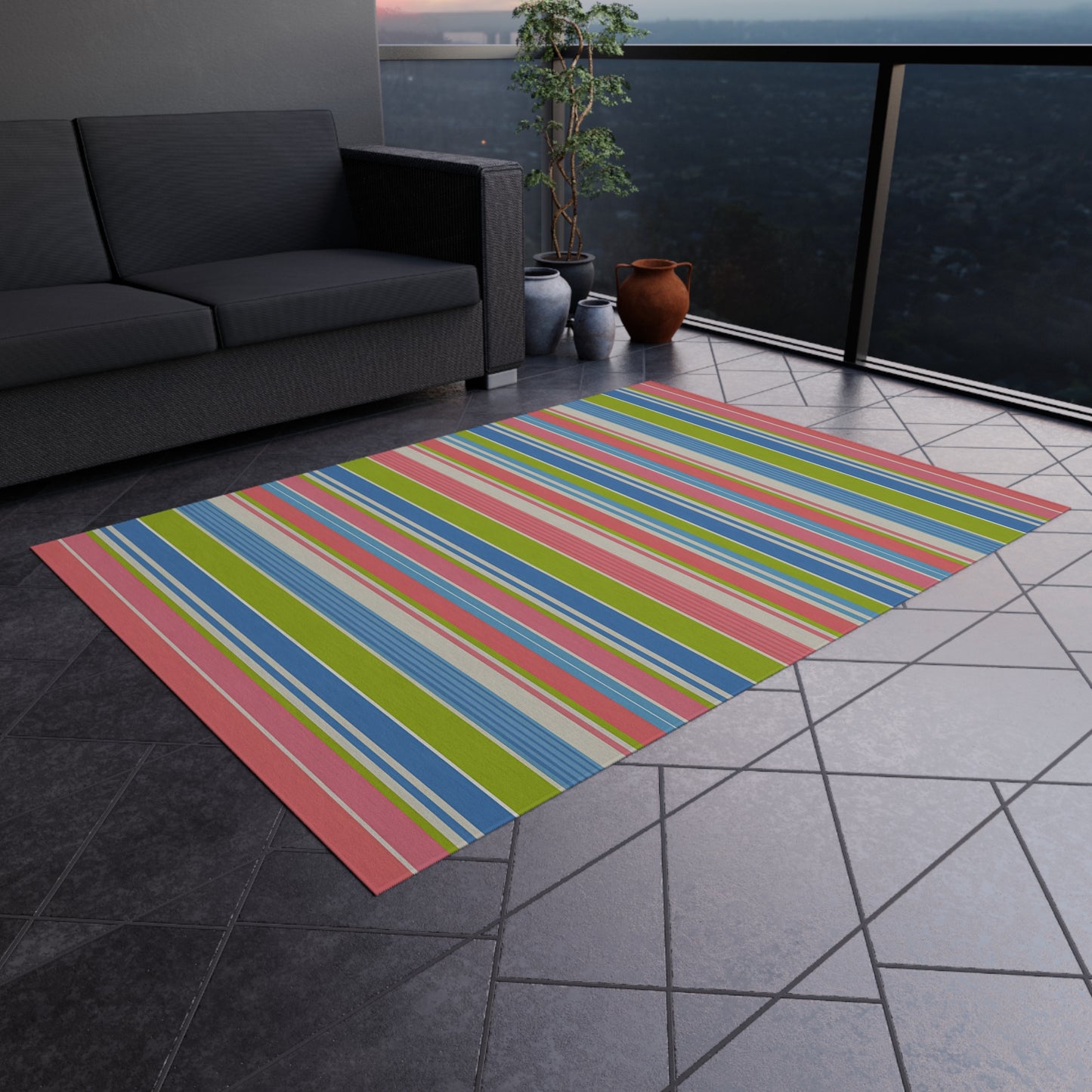Colorful Striped Outdoor/Indoor Rug | Patio Mat, Weather-Resistant Stripe Design