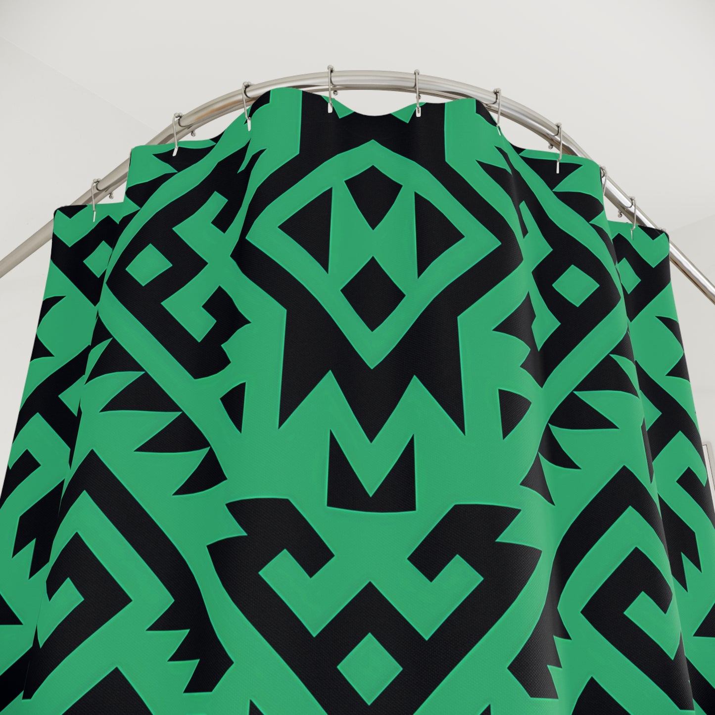 Geometric Aztec Boho Pattern Shower Curtain | Green Black Tribal Design