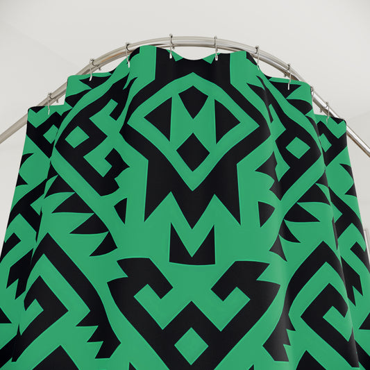 Geometric Aztec Boho Pattern Shower Curtain | Green Black Tribal Design