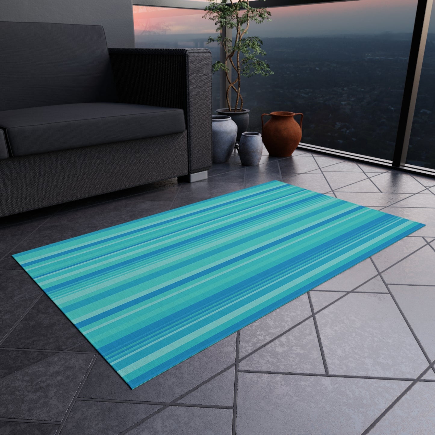 Blue Striped Beach Stripe Outdoor Rug | Patio Mat