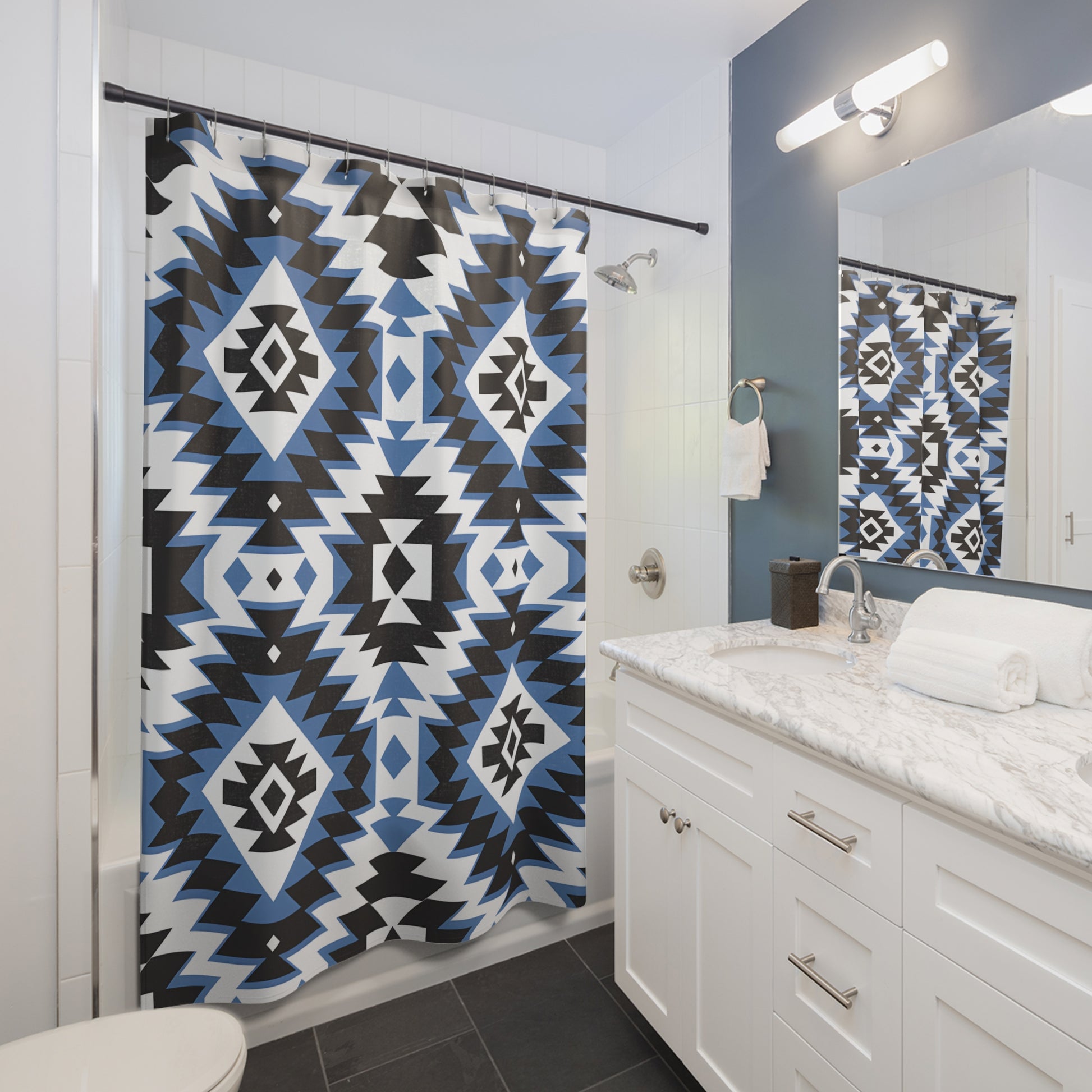 Geometric Pattern Shower Curtain, Boho Bathroom Decor, Modern Tribal Design, Blue and Black, Eco-Friendly Fabric - LOLA VEGAS ART