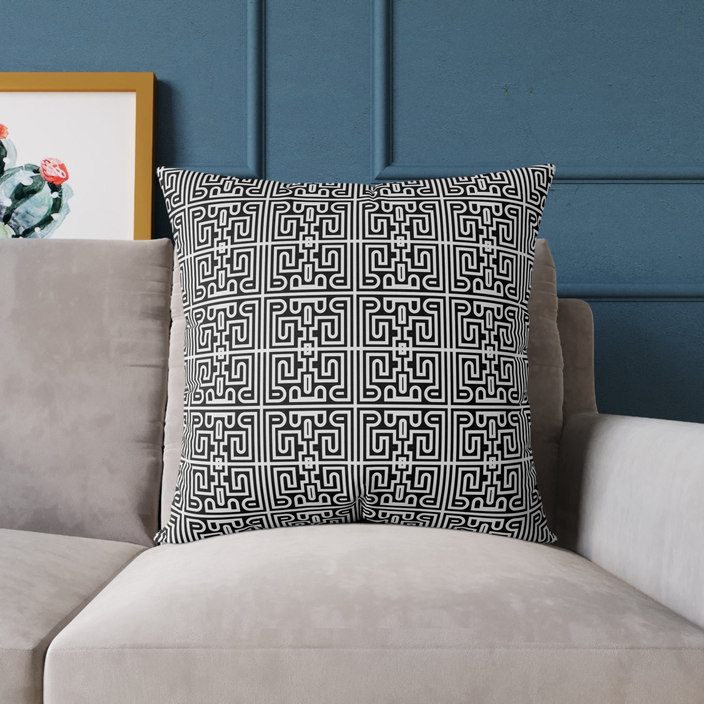 Geometric Black White Greek Key Pattern Square Pillow | Poly Canvas Pillow