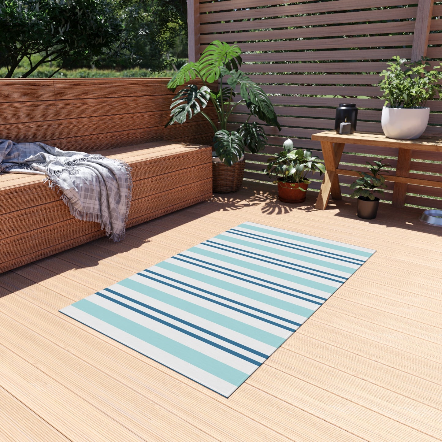Blue White Striped Coastal Pattern Outdoor Rug | Patio Mat