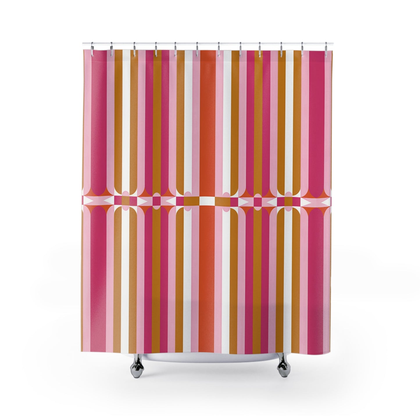 Retro Pink Orange Stripe Shower Curtain | Mid-Century Geometric Bath